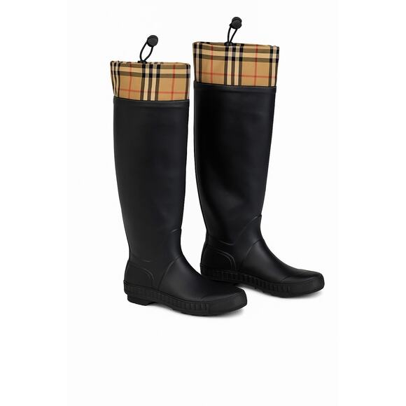 Burberry Women’s Black Nova Check Tall Rain Boots Size 7.5 – Authentic - Picture 1 of 9